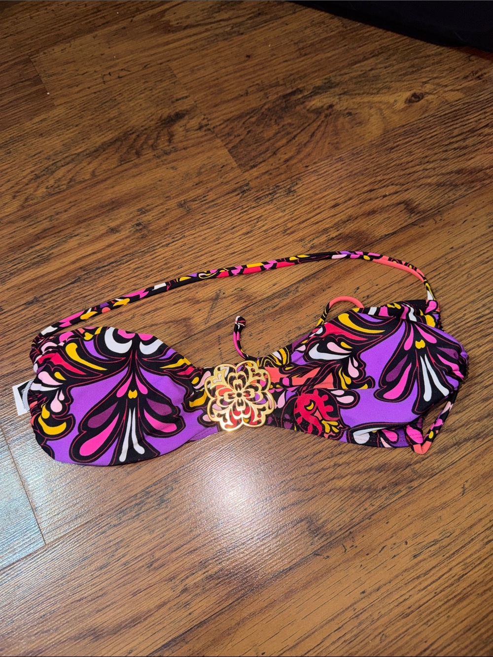 Purple Floral Bandeau Bikini Top with Gold Accent 29.T